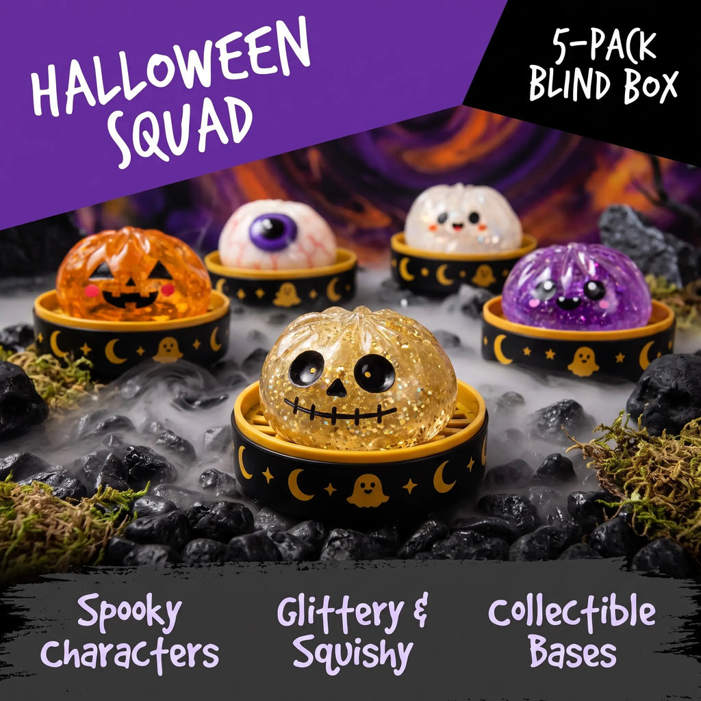 Halloween Steamed Bun Squishy Toy Set, Slow Rising Stress Relief Fidget Toys with Steamer Bases, Pumpkin Eyeball Ghost Assortment, Collectible Desk Decor for Party Favors