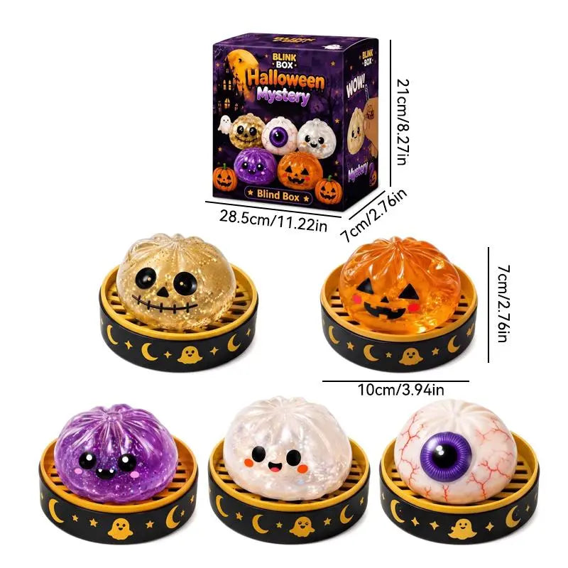 Halloween Steamed Bun Squishy Toy Set, Slow Rising Stress Relief Fidget Toys with Steamer Bases, Pumpkin Eyeball Ghost Assortment, Collectible Desk Decor for Party Favors