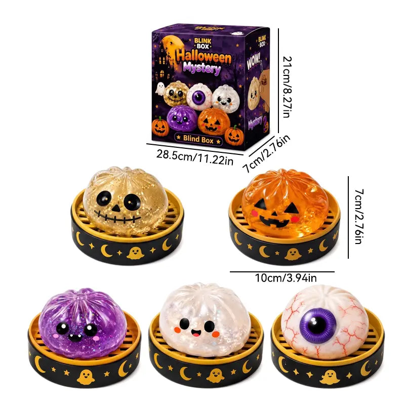 Halloween Steamed Bun Squishy Toy Set, Slow Rising Stress Relief Fidget Toys with Steamer Bases, Pumpkin Eyeball Ghost Assortment, Collectible Desk Decor for Party Favors