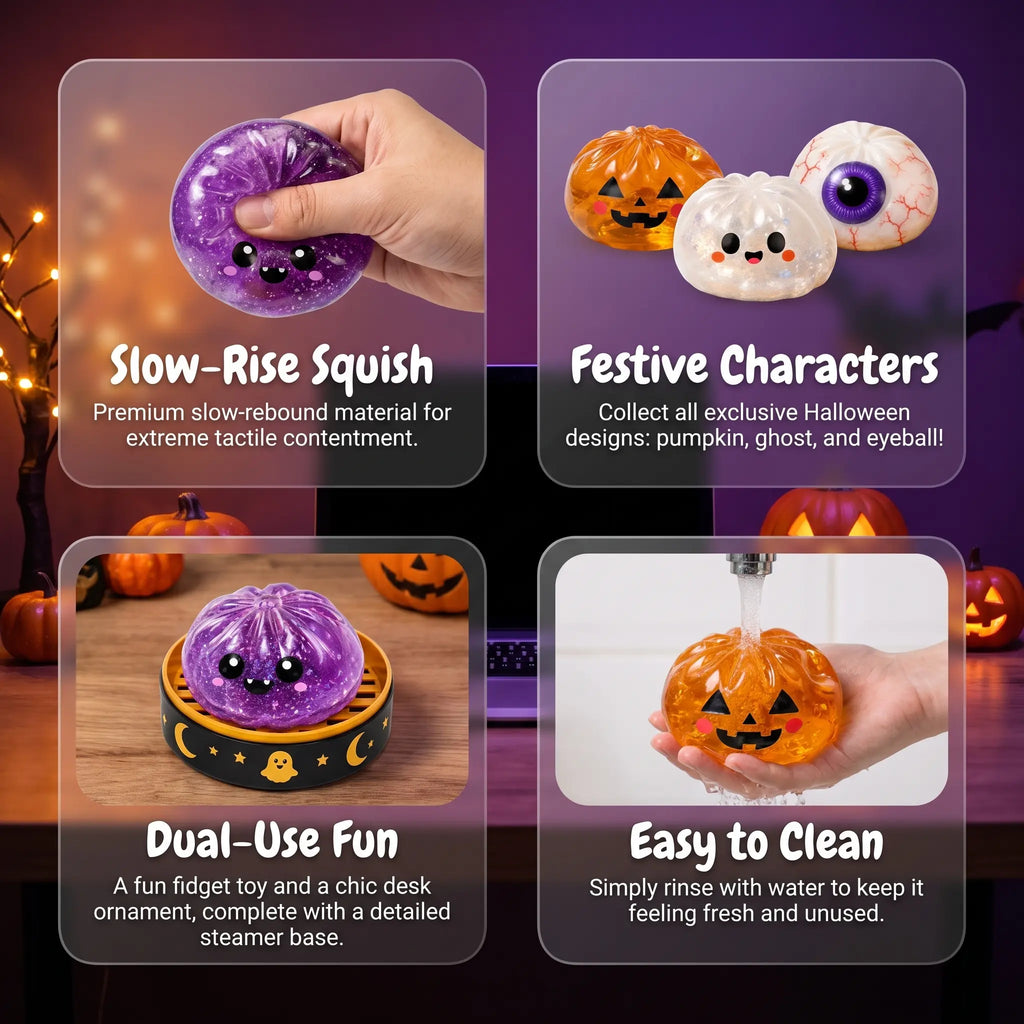Halloween Steamed Bun Squishy Toy Set, Slow Rising Stress Relief Fidget Toys with Steamer Bases, Pumpkin Eyeball Ghost Assortment, Collectible Desk Decor for Party Favors