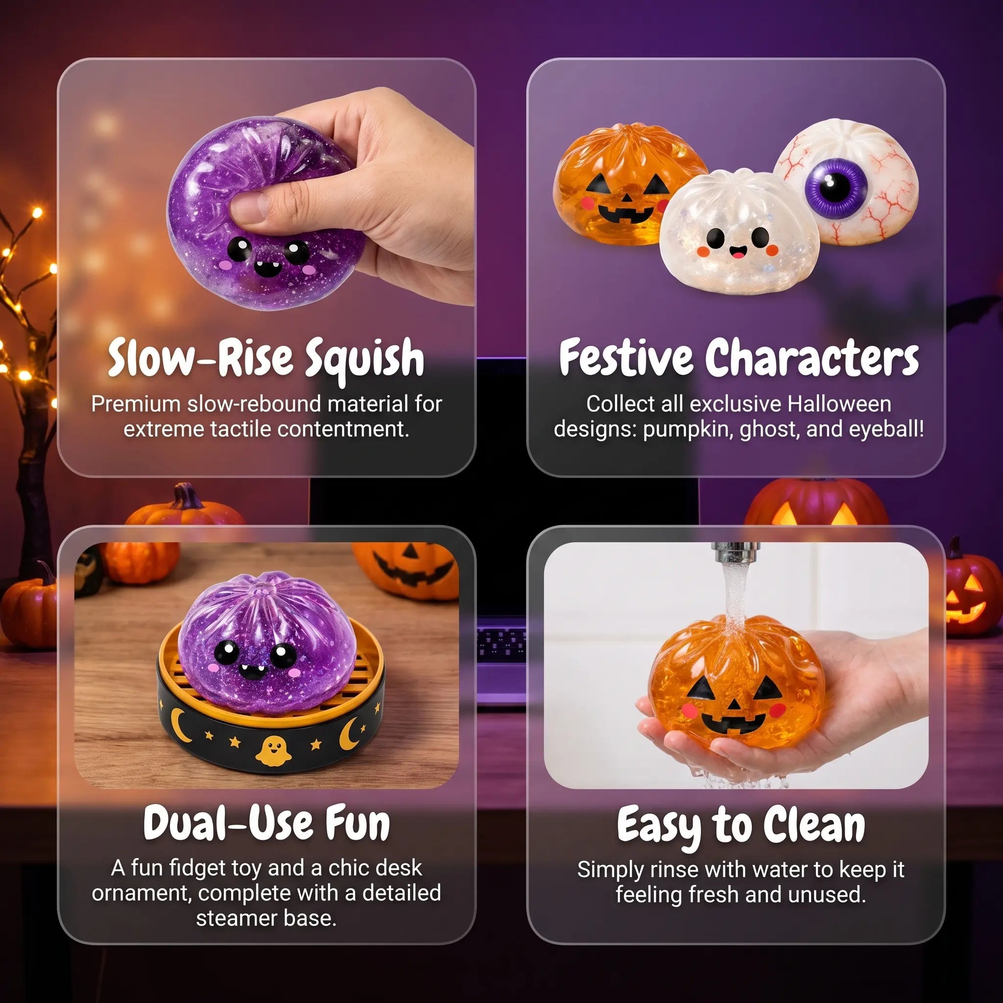 Halloween Steamed Bun Squishy Toy Set, Slow Rising Stress Relief Fidget Toys with Steamer Bases, Pumpkin Eyeball Ghost Assortment, Collectible Desk Decor for Party Favors
