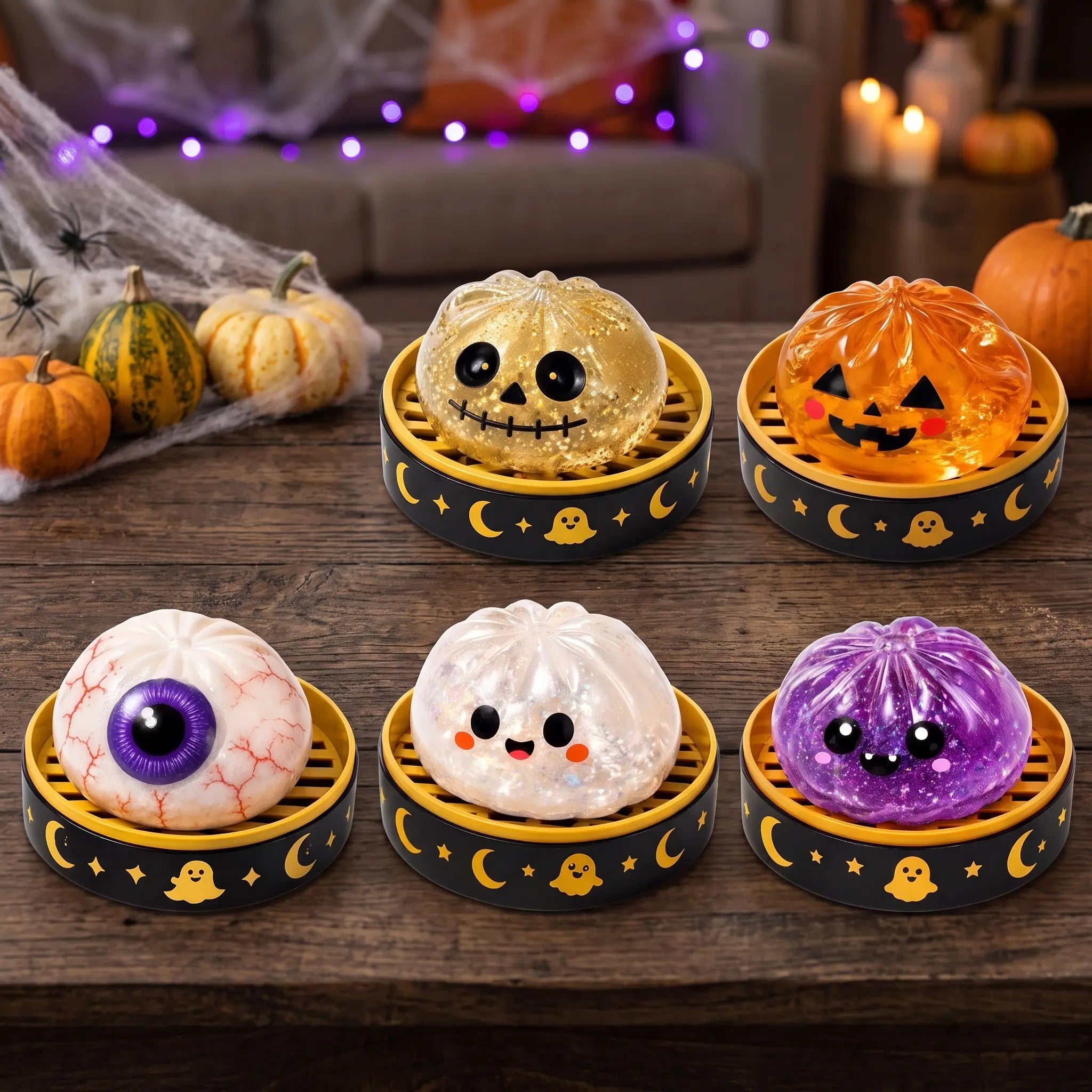 Halloween Steamed Bun Squishy Toy Set, Slow Rising Stress Relief Fidget Toys with Steamer Bases, Pumpkin Eyeball Ghost Assortment, Collectible Desk Decor for Party Favors