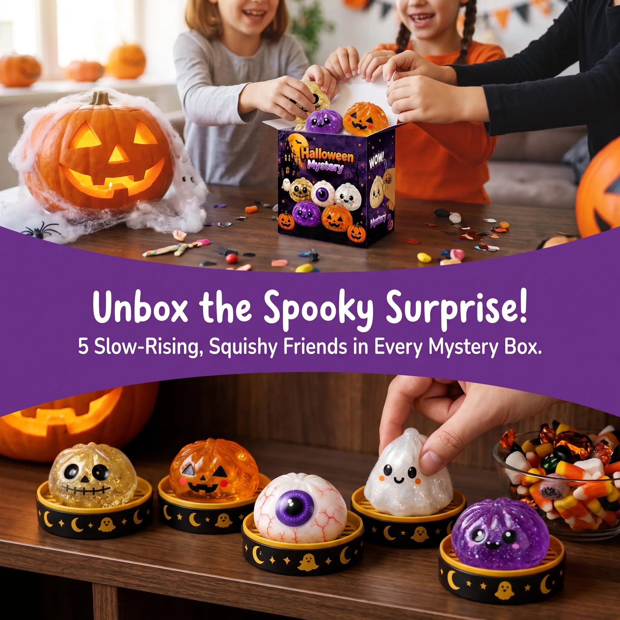 Halloween Steamed Bun Squishy Toy Set, Slow Rising Stress Relief Fidget Toys with Steamer Bases, Pumpkin Eyeball Ghost Assortment, Collectible Desk Decor for Party Favors